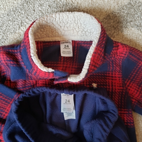 Carter's 2 piece fleece set- long sleeve red plaid pullover & blue fleece pants - Picture 3 of 3
